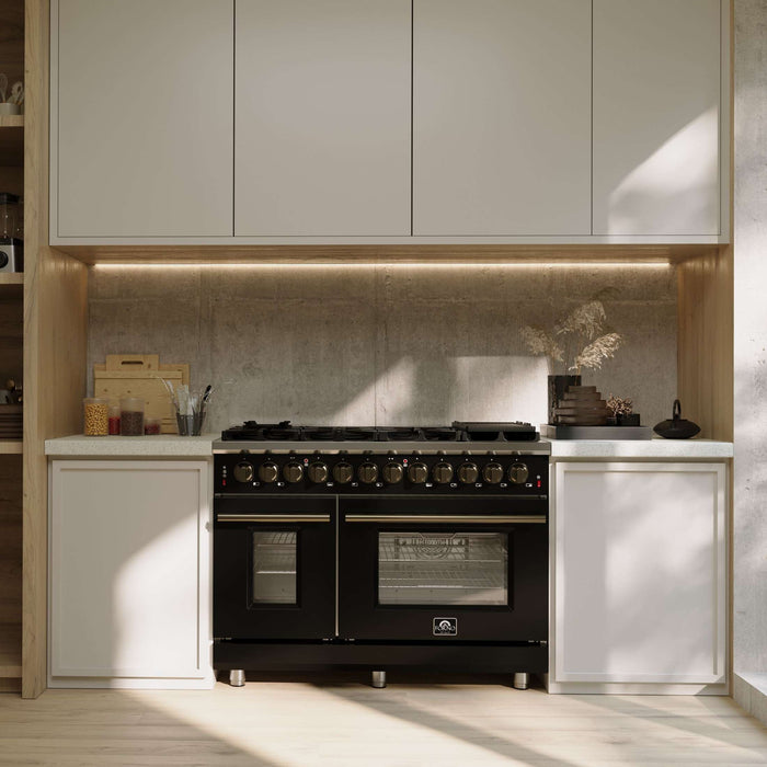 Forno Massimo 48 Inch Freestanding Dual Fuel Range in Black with Antique Brass Accessories, 8 Burners, 6.58 cu. ft. Convection Oven