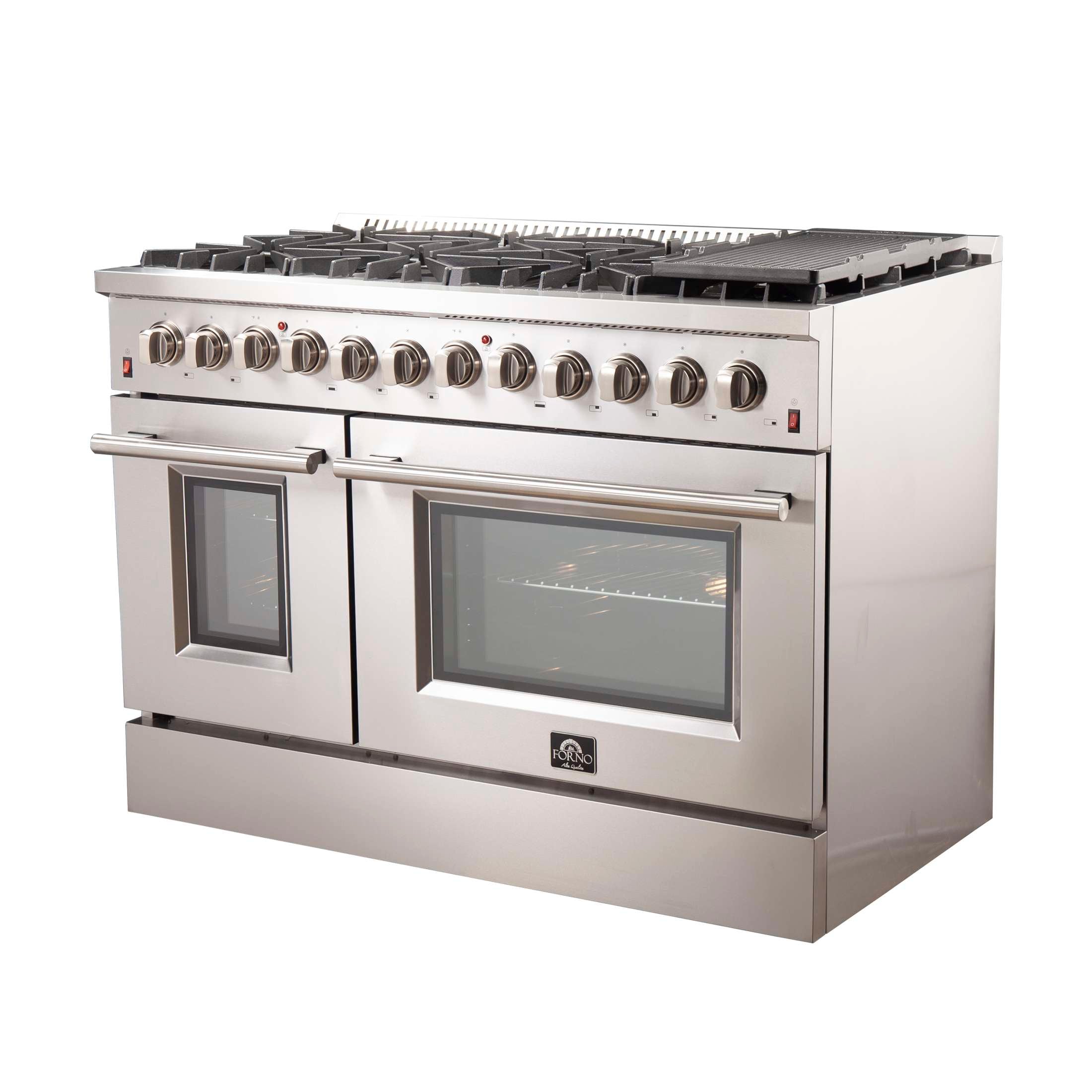 FORNO Premium 3-Piece Kitchen Bundle - FORNO Galiano 48" Freestanding Dual Fuel Range, FORNO Maderno 60" 2-Piece Convertible Refrigerator/Freezer Built-In with Decorative Grill Trim, 27.2 cu.ft., FORNO Orvieto 48" Wall Mount Range Hood - FBDL-017-04CAUS