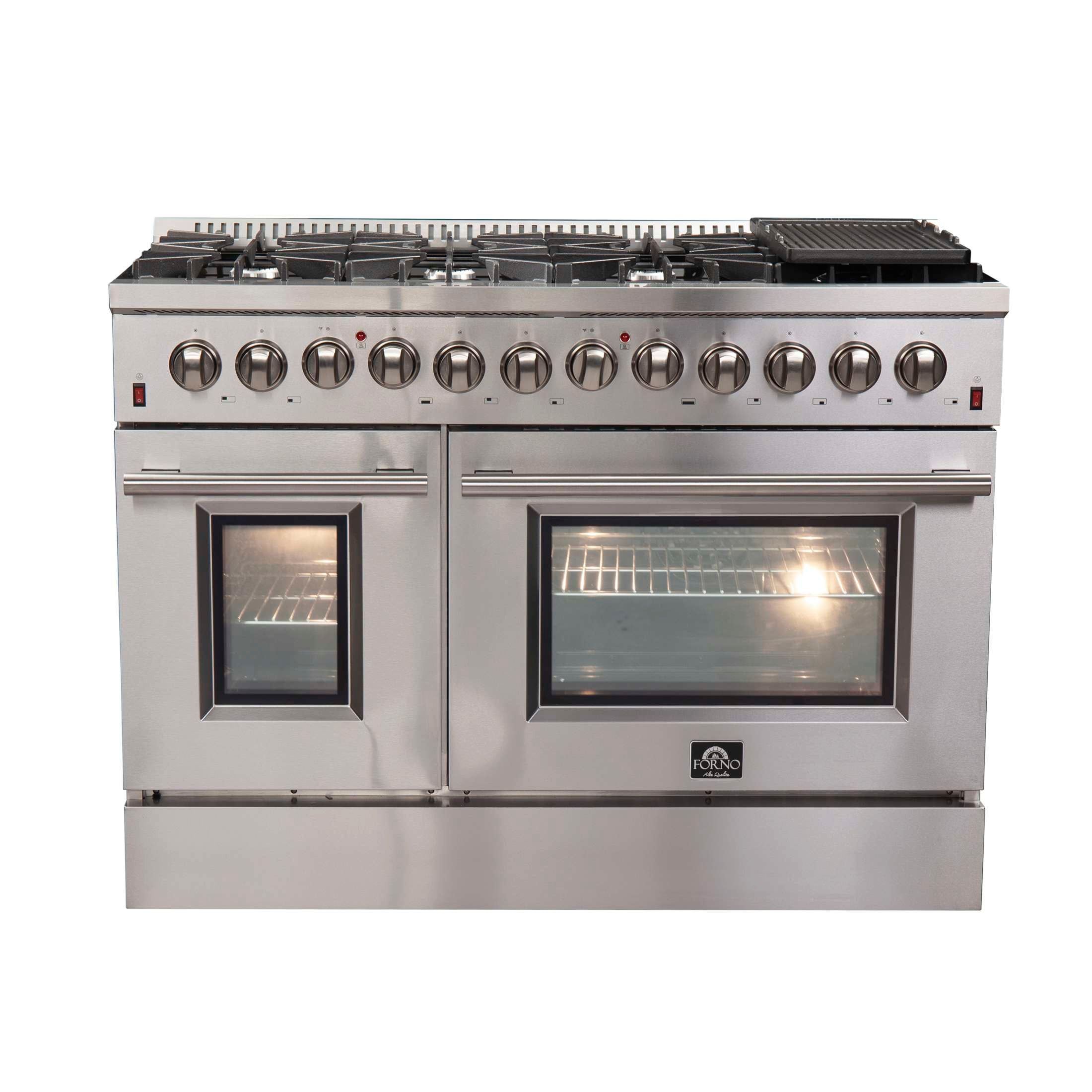FORNO Premium 3-Piece Kitchen Bundle - FORNO Galiano 48" Freestanding Dual Fuel Range, FORNO Maderno 60" 2-Piece Convertible Refrigerator/Freezer Built-In with Decorative Grill Trim, 27.2 cu.ft., FORNO Orvieto 48" Wall Mount Range Hood - FBDL-017-04CAUS