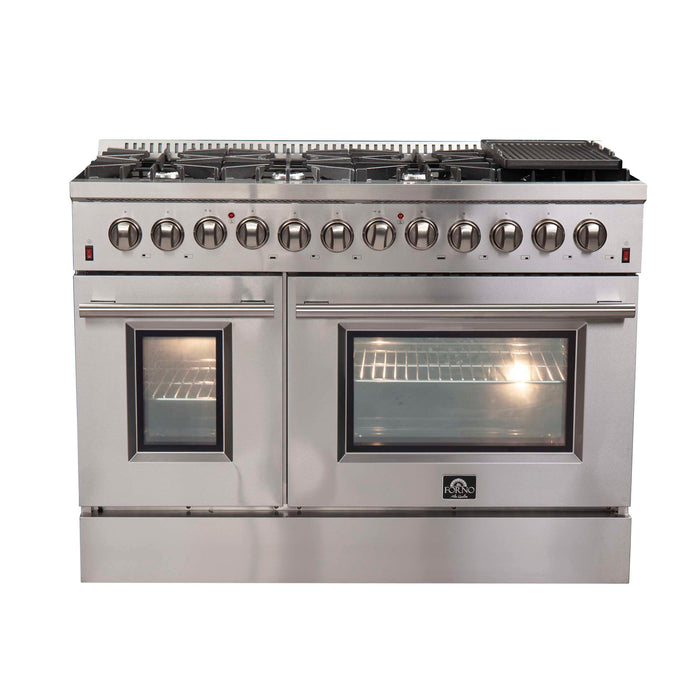 FORNO Premium 3-Piece Kitchen Bundle - FORNO Galiano 48" Freestanding Dual Fuel Range, FORNO Rizzuto 60" W. Dual Combo Convertible Refrigerator, FORNO 48" Wall Mount Range Hood - FBDL-017-02US