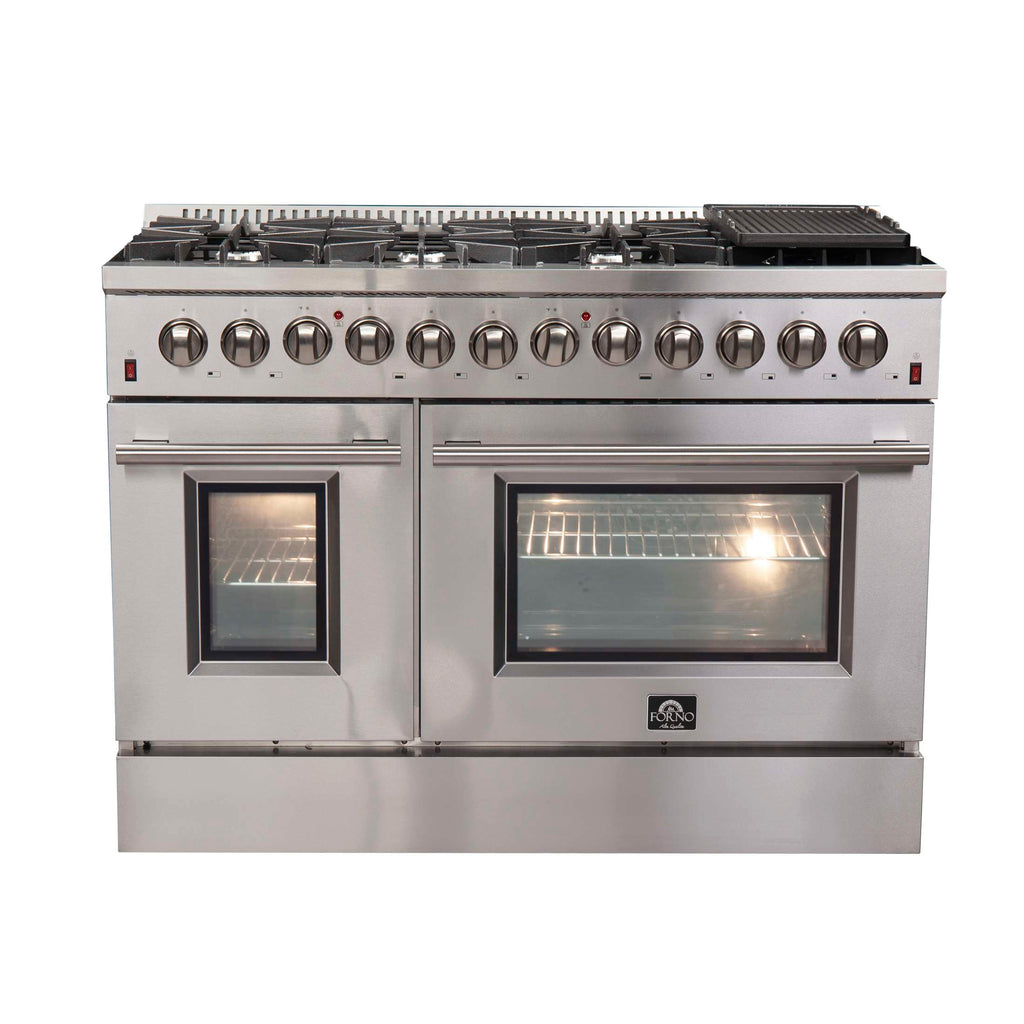 FORNO Premium 2-Piece Kitchen Bundle - Galiano 48" Dual Fuel Stainless Steel Range, Rizzuto 60" W. Dual Combo Convertible Refrigerator.