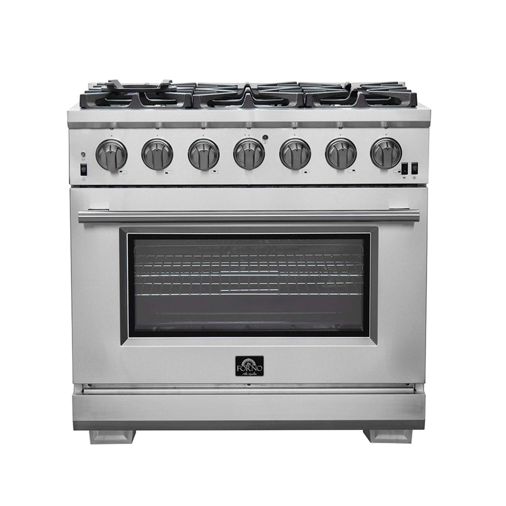 FORNO Premium 2-Piece Kitchen Bundle - Galiano 36" Stainless Steel Range, Forno Moena 36" French Door 19.2 cu. ft Stainless Steel Refrigerator, with Decorative Grill - 40" Wide - FBDL-019-03CAUS