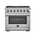 FORNO Premium 2-Piece Kitchen Bundle - Galiano 36" Stainless Steel Range, Forno Moena 36" French Door 19.2 cu. ft Stainless Steel Refrigerator, with Decorative Grill - 40" Wide - FBDL-019-03CAUS