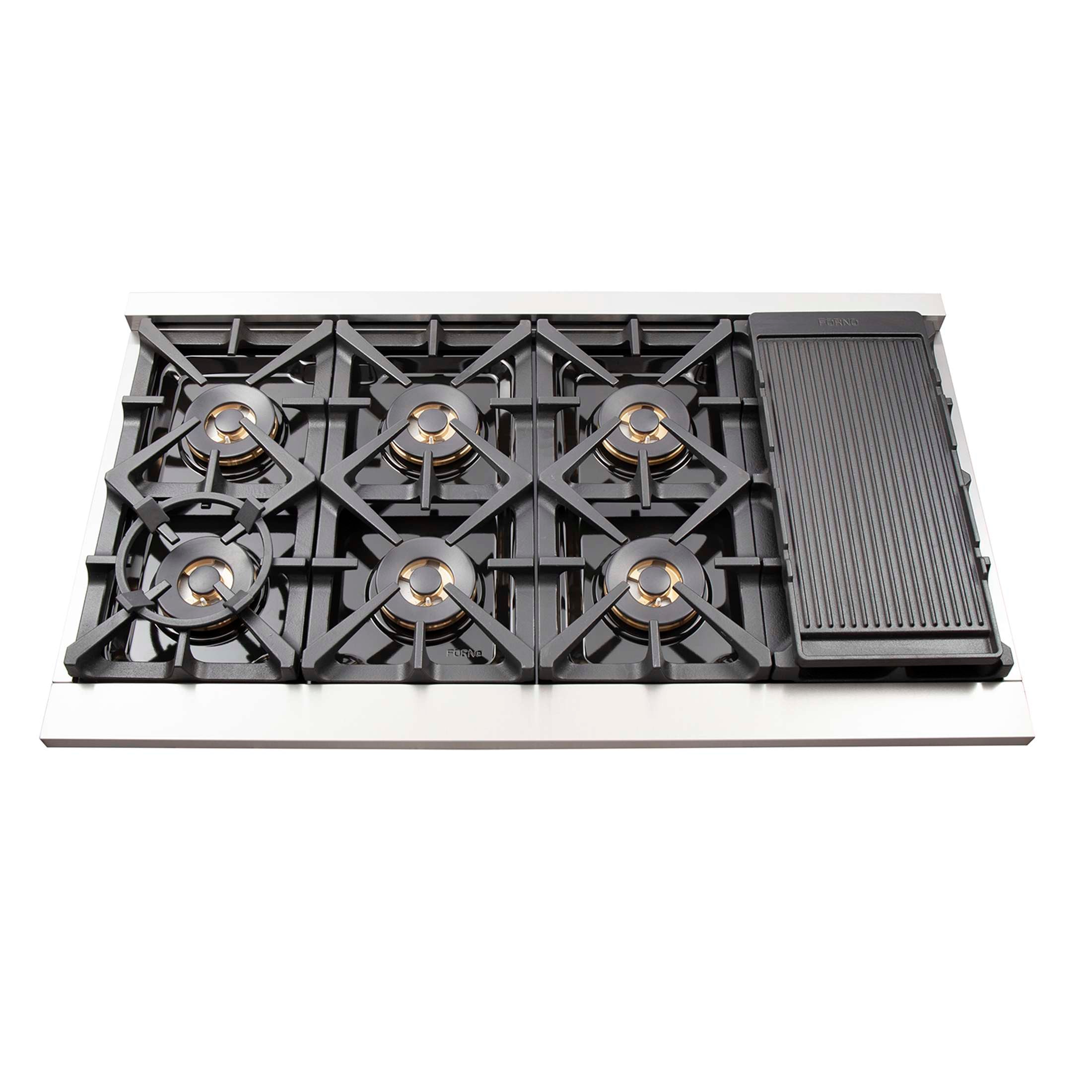 FORNO Premium 3-Piece Kitchen Bundle - FORNO Capriasca 48" Freestanding Gas Range, FORNO Maderno 60" 2-Piece Convertible Refrigerator/Freezer Built-In with Decorative Grill Trim, 27.2 cu.ft., FORNO Orvieto 48" Wall Mount Range Hood - FBDL-019-07CAUS