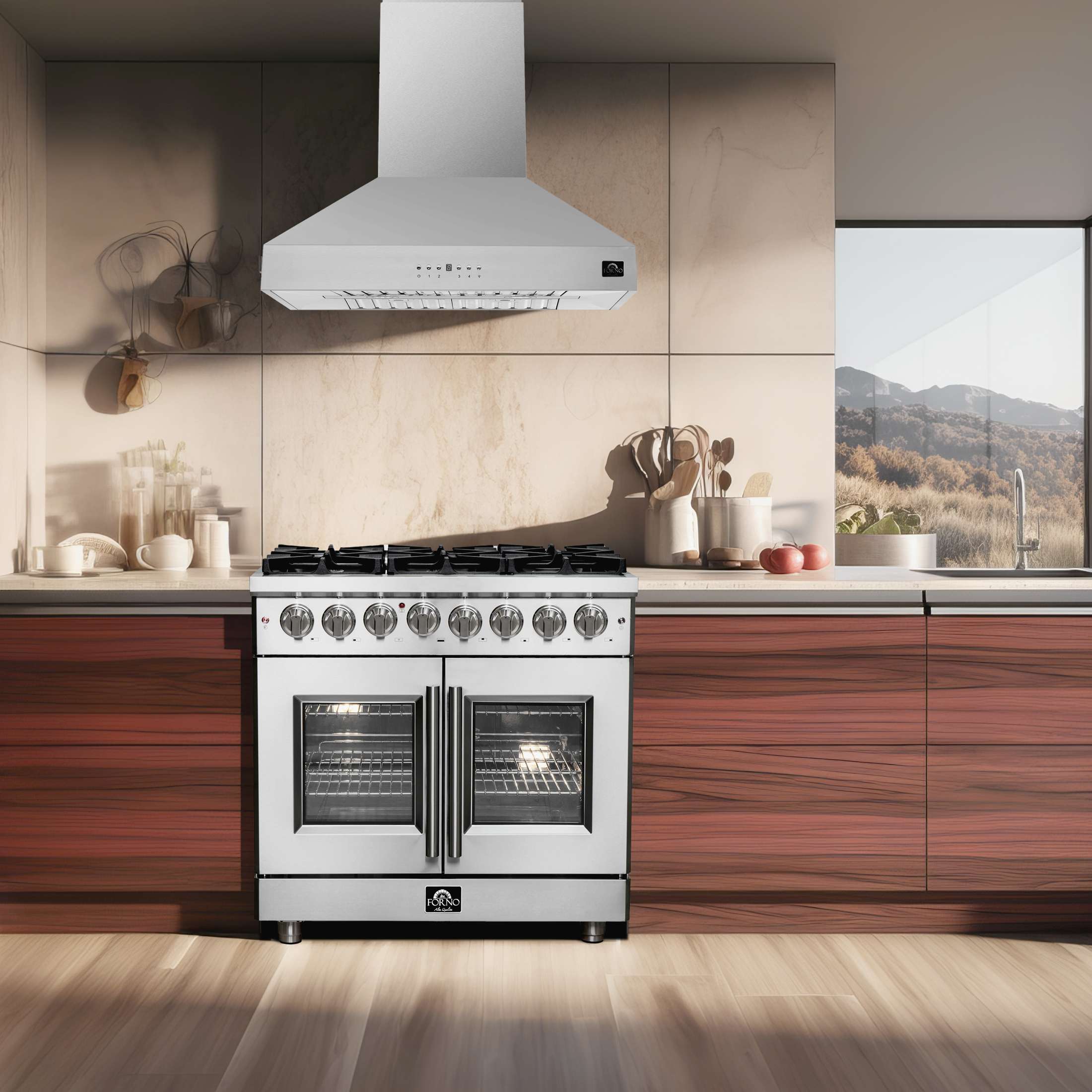 Forno Massimo 36-Inch Freestanding French Door Dual Fuel Range, 6 Burners, True Convection Oven