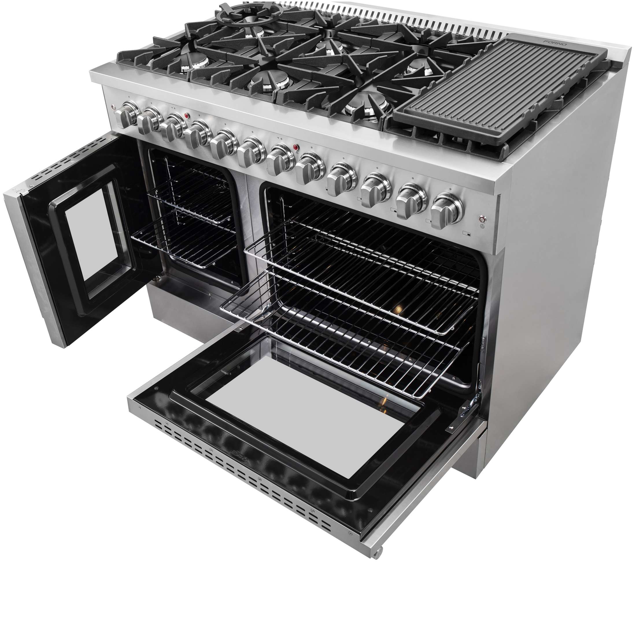 FORNO Galiano 48-Inch French Door Dual Fuel Range All Stainless Steel, 8 Sealed Burners, 107,000 BTU, Griddle, 6.58 cu.ft. Double Ovens