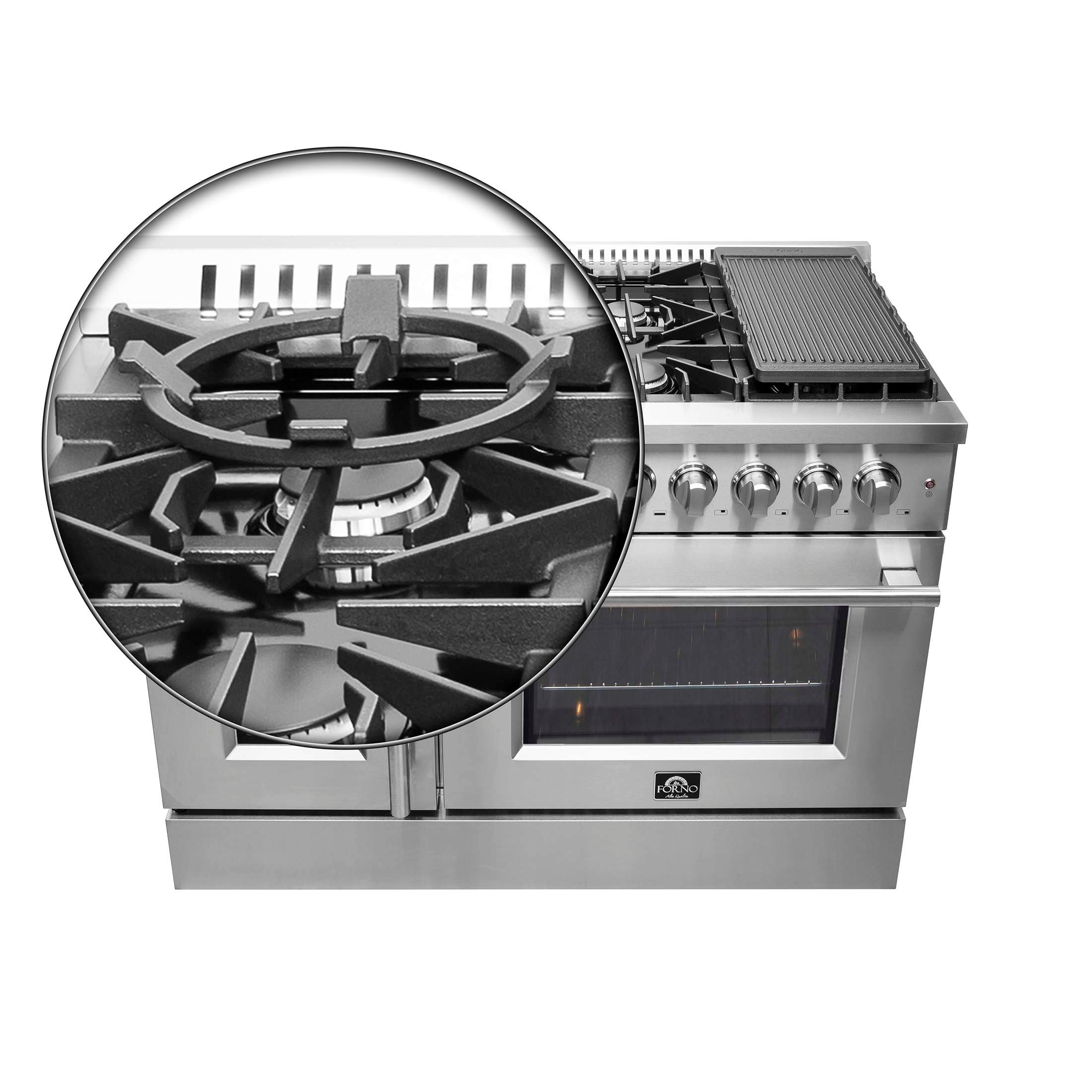 FORNO Galiano 48-Inch French Door Dual Fuel Range All Stainless Steel, 8 Sealed Burners, 107,000 BTU, Griddle, 6.58 cu.ft. Double Ovens