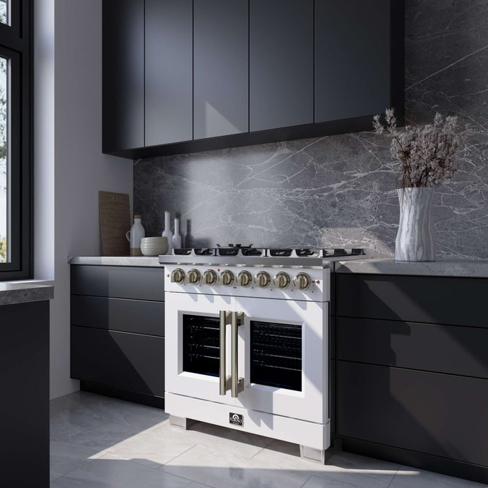 Forno Capriasca 36 Inch Freestanding French Door Dual Fuel Range in White with Antique Brass Accessories, 6 Burners, True Convection Oven