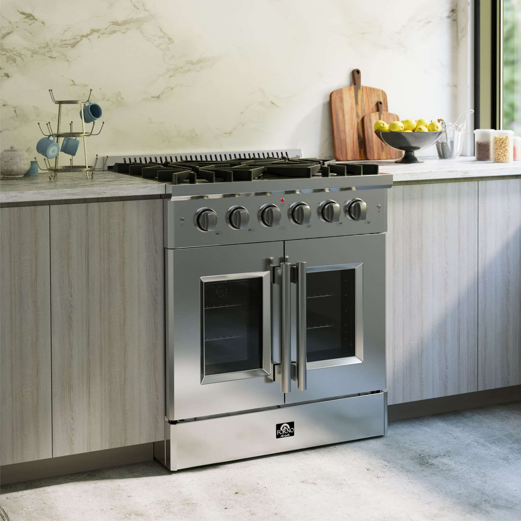 Forno Galiano 30-Inch Freestanding French Door Gas Range, 5 Burners, Convection Oven, Energy Efficient