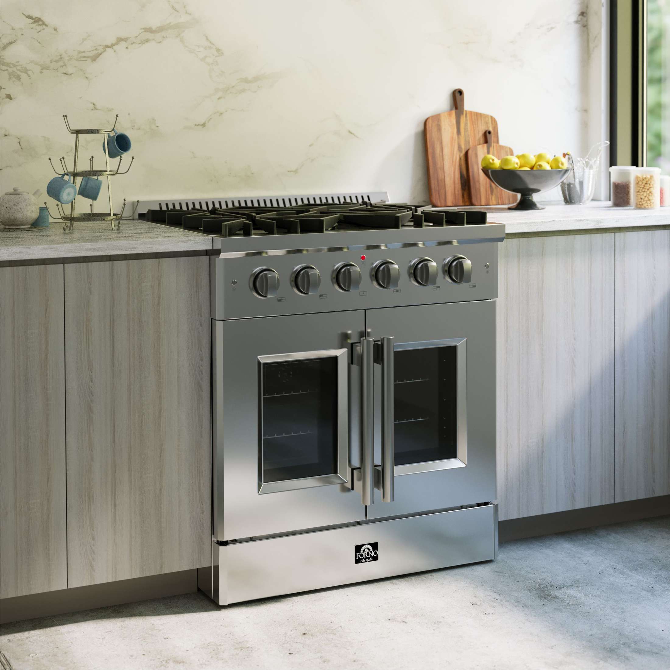 Forno Galiano 30-Inch Freestanding French Door Gas Range, 5 Burners, Convection Oven, Energy Efficient