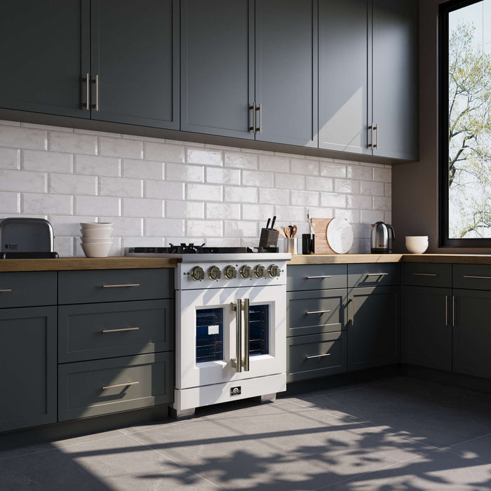 Forno Capriasca 30-Inch White Freestanding French Door Gas Range, 4 Burners, Convection Oven, Energy Efficient