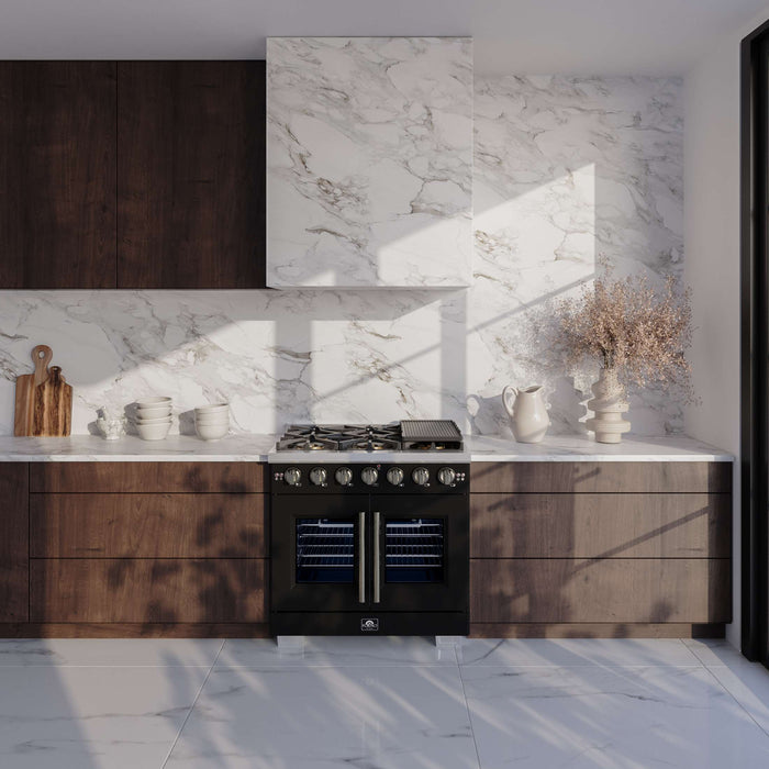 Forno Capriasca 36-Inch Black Freestanding French Door Gas Range, 6 Burners, Convection Oven, Energy Efficient