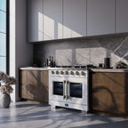 Forno Capriasca 36-Inch White Freestanding French Door Gas Range, 6 Burners, Convection Oven, Energy Efficient