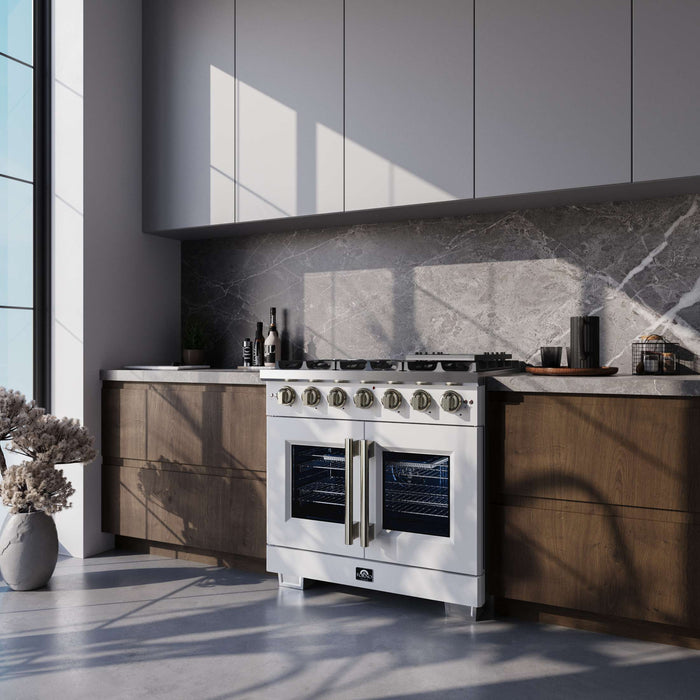 Forno Capriasca 36-Inch White Freestanding French Door Gas Range, 6 Burners, Convection Oven, Energy Efficient