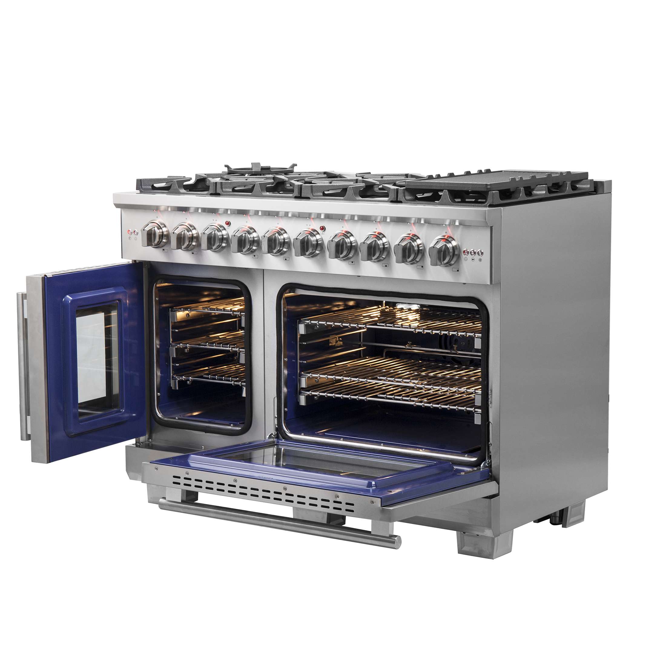 Forno Capriasca 48-Inch Freestanding French Door Gas Range, 8 Burners, Convection Oven, Energy Efficient