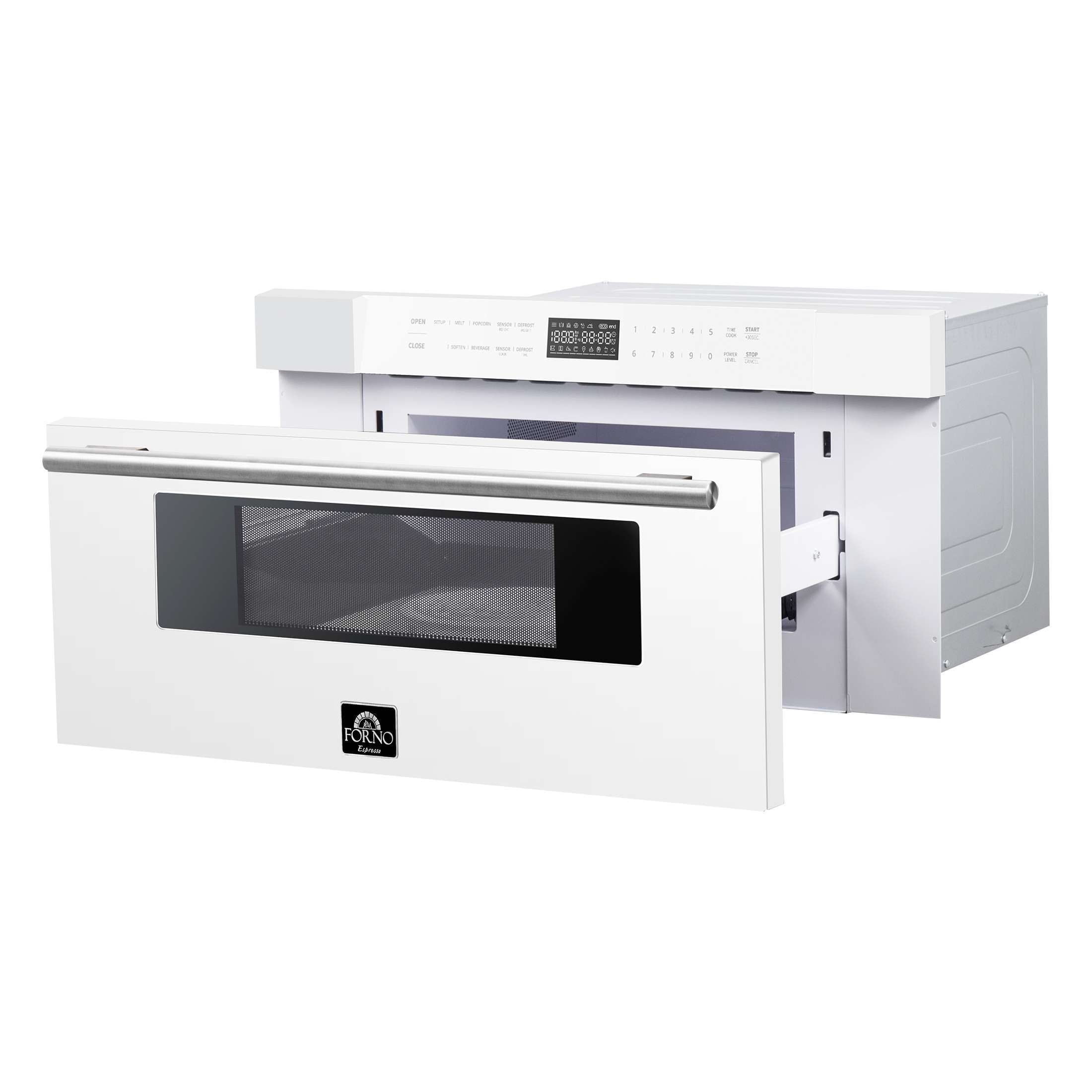 Forno Capoliveri Espresso 30-Inch Microwave Drawer, White, 1.2 cu.ft, 1500 Watts, Built-In, Touch Control LCD Display, Auto-Touch Open/Close, 11 Power Levels, Sensor Cooking