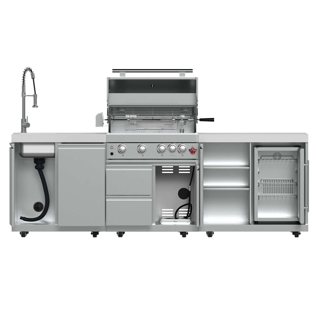 FORNO Bulnes 30-Inch BBQ, 60,000 BTU, 3 Burners with Sear & Rotisserie Infrared Burners, Stainless Steel Outdoor Kitchen with 1.8 cu.ft. Beverage Center & White Sintered Stone Countertops