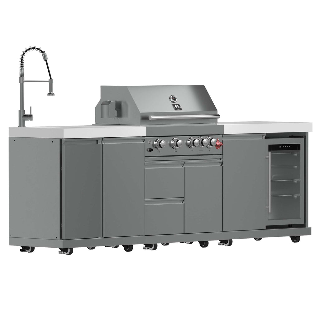 FORNO Bulnes 30-Inch BBQ, 60,000 BTU, 3 Burners with Sear & Rotisserie Infrared Burners, Stainless Steel Outdoor Kitchen with 1.8 cu.ft. Beverage Center & White Sintered Stone Countertops