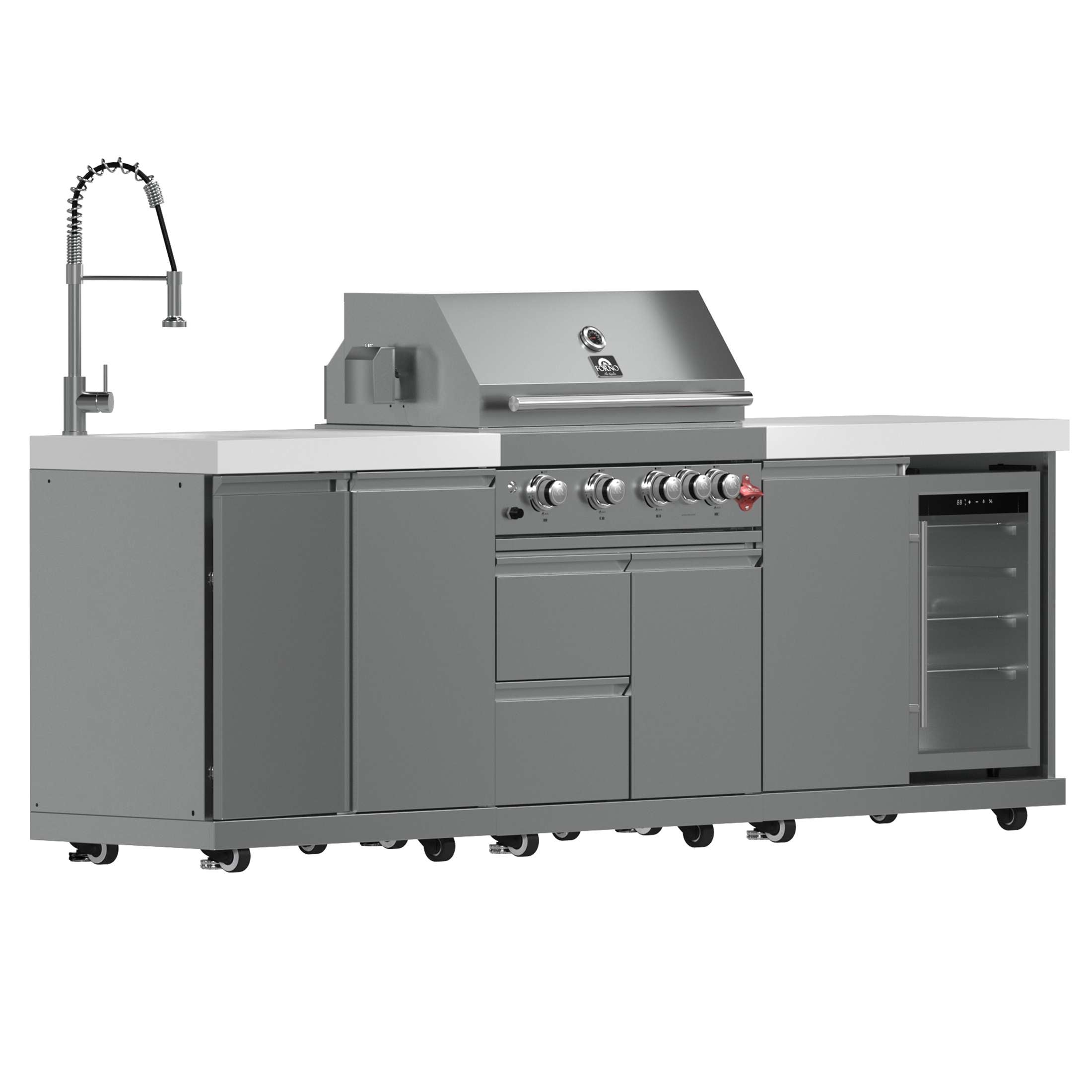 FORNO Bulnes 30-Inch BBQ, 60,000 BTU, 3 Burners with Sear & Rotisserie Infrared Burners, Stainless Steel Outdoor Kitchen with 1.8 cu.ft. Beverage Center & White Sintered Stone Countertops