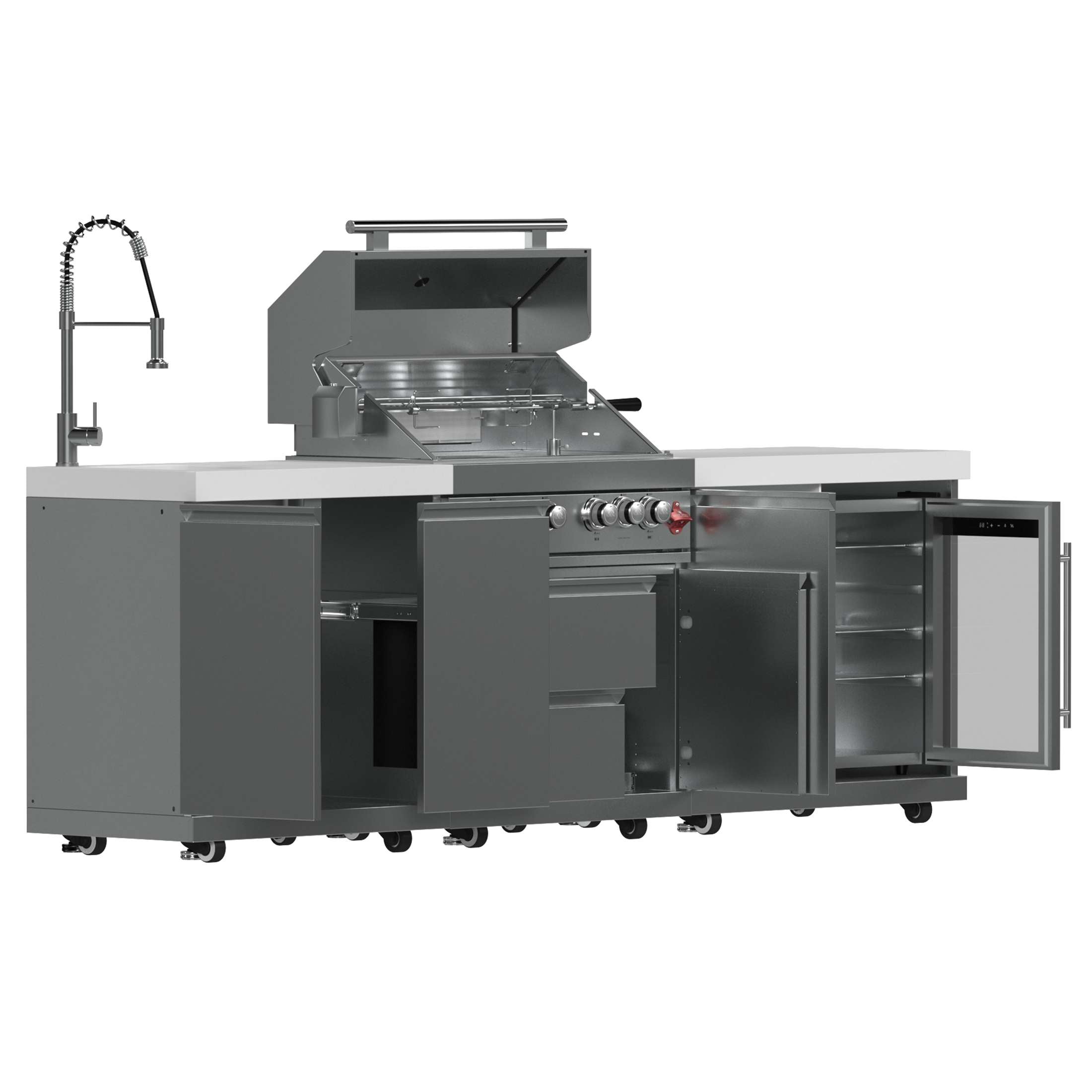 FORNO Bulnes 30-Inch BBQ, 60,000 BTU, 3 Burners with Sear & Rotisserie Infrared Burners, Stainless Steel Outdoor Kitchen with 1.8 cu.ft. Beverage Center & White Sintered Stone Countertops