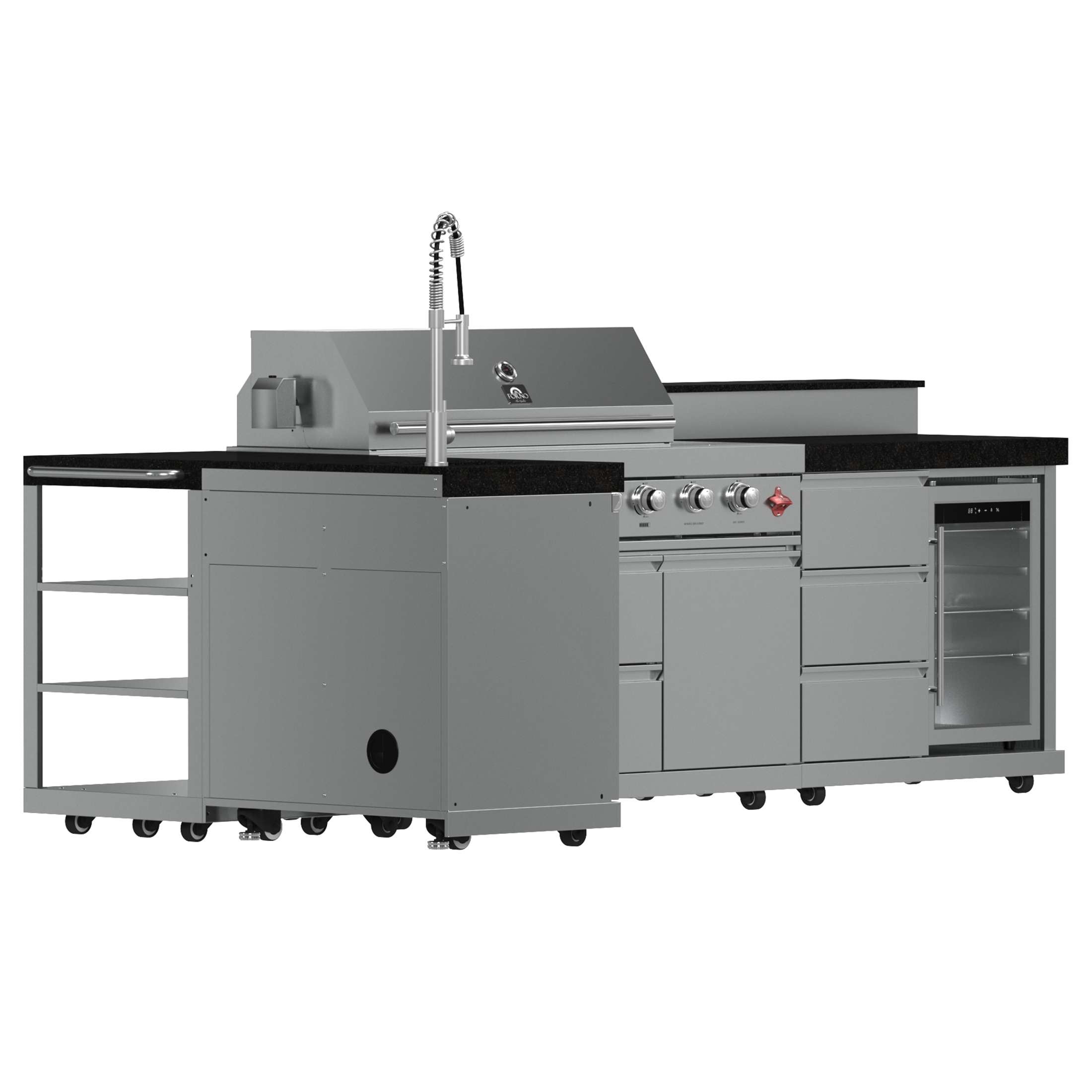 FORNO Bulnes 40-Inch BBQ, 95,000 BTU, 5 Burners, Sear & Rotisserie Infrared with Side Burner, Stainless Steel Outdoor Kitchen with 1.8 cu.ft. Beverage Center & Black Granite Countertops