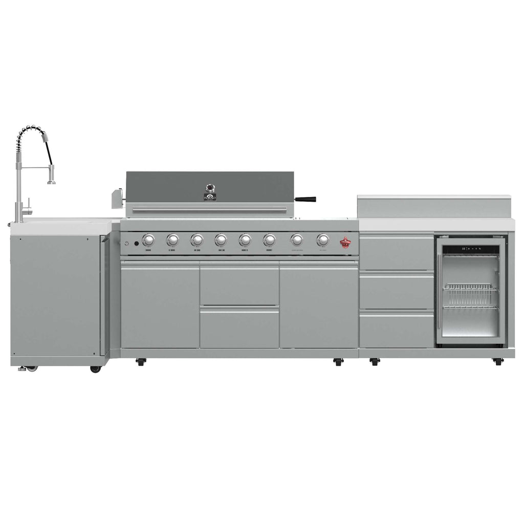 FORNO Bulnes 40-Inch BBQ, 95,000 BTU, 5 Burners, Sear & Rotisserie Infrared with Side Burner, Stainless Steel Outdoor Kitchen with 1.8 cu.ft. Beverage Center & White Sintered Stone Countertops