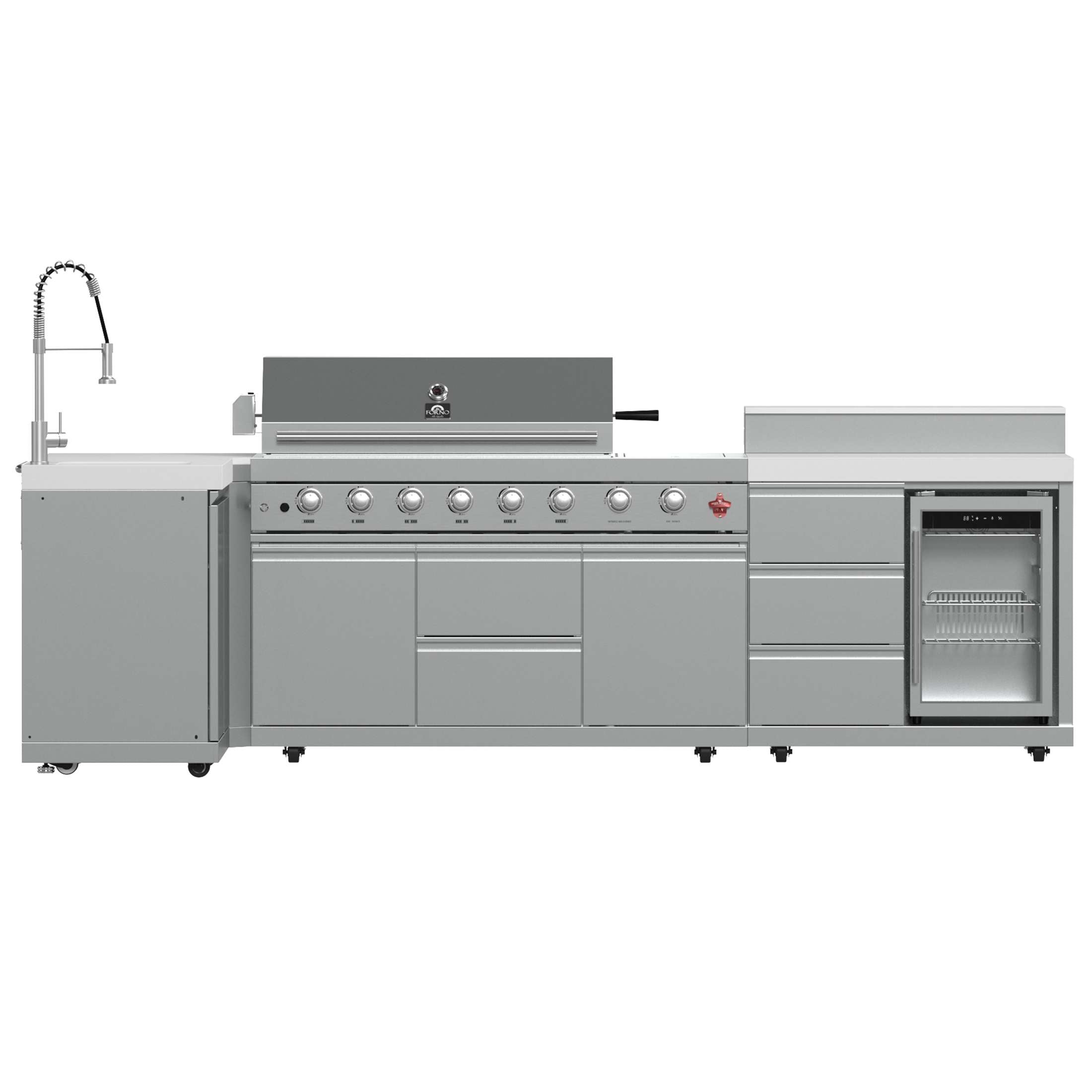 FORNO Bulnes 40-Inch BBQ, 95,000 BTU, 5 Burners, Sear & Rotisserie Infrared with Side Burner, Stainless Steel Outdoor Kitchen with 1.8 cu.ft. Beverage Center & White Sintered Stone Countertops