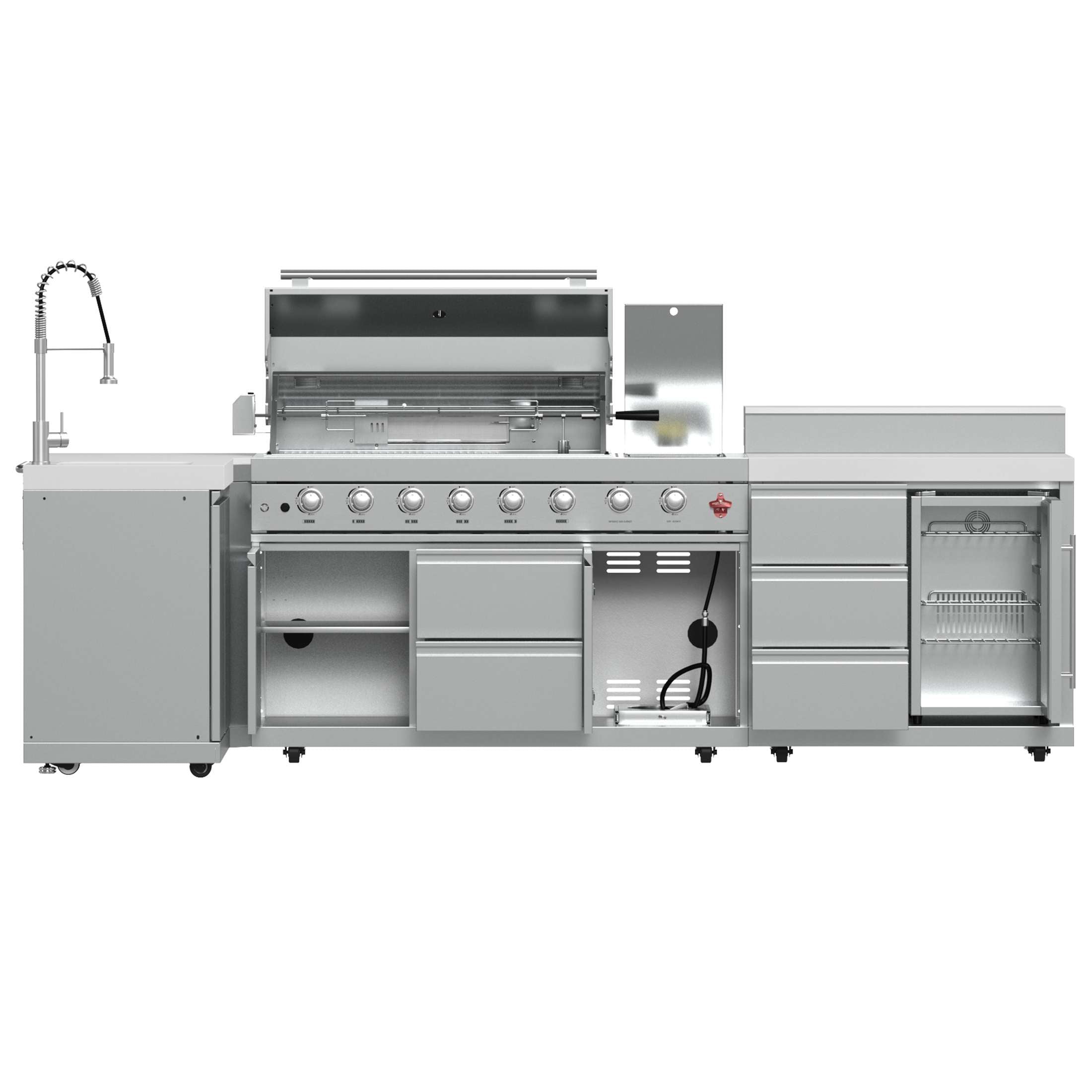 FORNO Bulnes 40-Inch BBQ, 95,000 BTU, 5 Burners, Sear & Rotisserie Infrared with Side Burner, Stainless Steel Outdoor Kitchen with 1.8 cu.ft. Beverage Center & White Sintered Stone Countertops