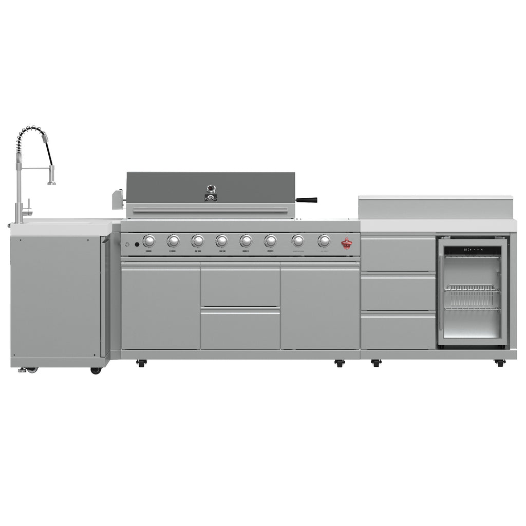 FORNO Bulnes 40-Inch BBQ, 95,000 BTU, 5 Burners, Sear & Rotisserie Infrared with Side Burner, Stainless Steel Outdoor Kitchen with 1.8 cu.ft. Beverage Center & White Sintered Stone Countertops