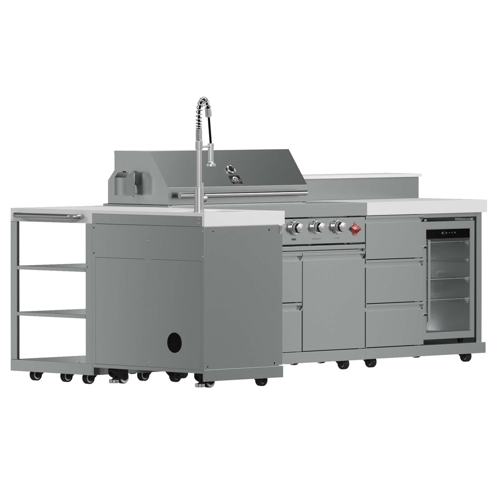 FORNO Bulnes 40-Inch BBQ, 95,000 BTU, 5 Burners, Sear & Rotisserie Infrared with Side Burner, Stainless Steel Outdoor Kitchen with 1.8 cu.ft. Beverage Center & White Sintered Stone Countertops