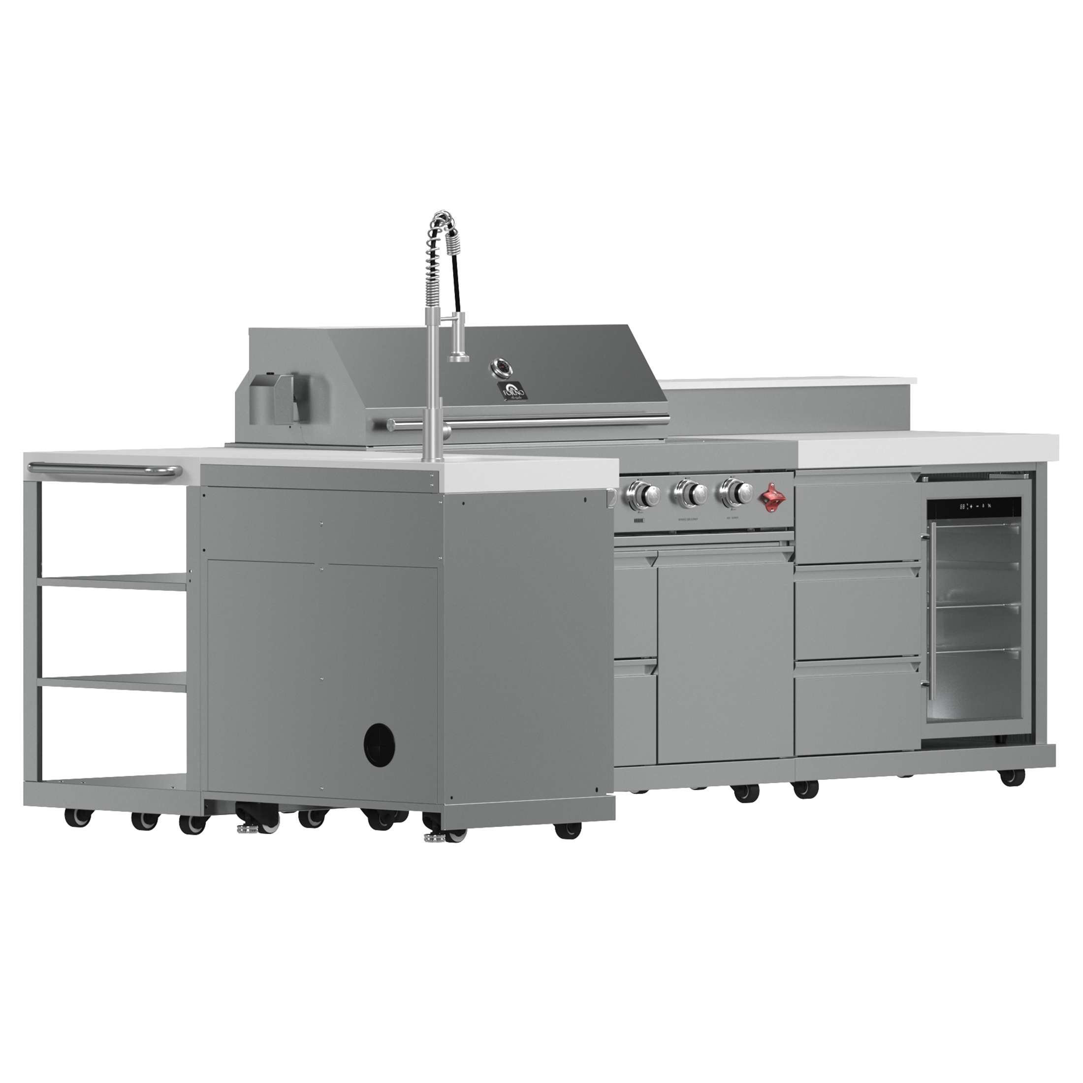 FORNO Bulnes 40-Inch BBQ, 95,000 BTU, 5 Burners, Sear & Rotisserie Infrared with Side Burner, Stainless Steel Outdoor Kitchen with 1.8 cu.ft. Beverage Center & White Sintered Stone Countertops