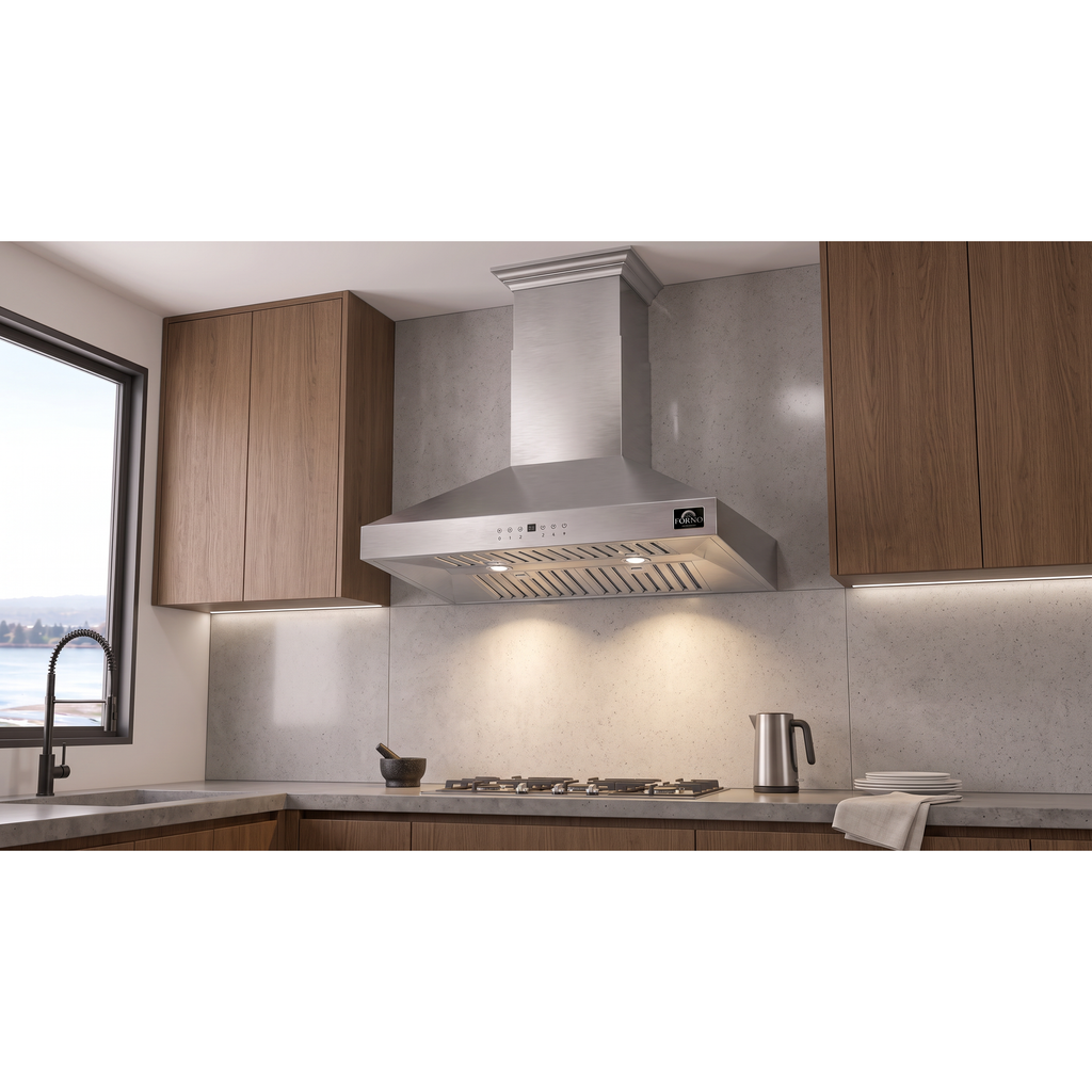 Forno Coppito 30-Inch Island Range Hood, Stainless Steel, LED Lighting, Adjustable Fan Speeds