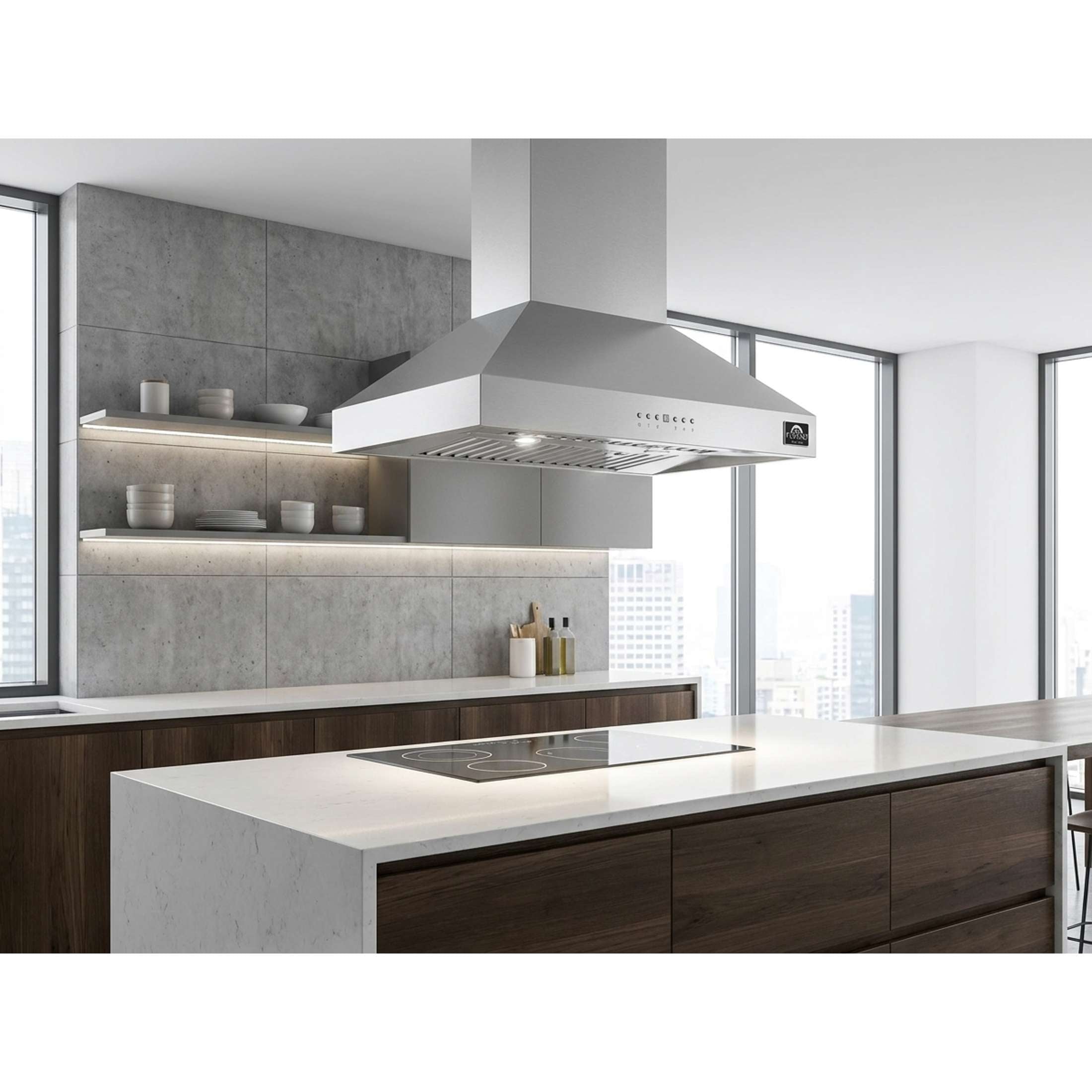 Forno Coppito 30-Inch Island Range Hood, Stainless Steel, LED Lighting, Adjustable Fan Speeds