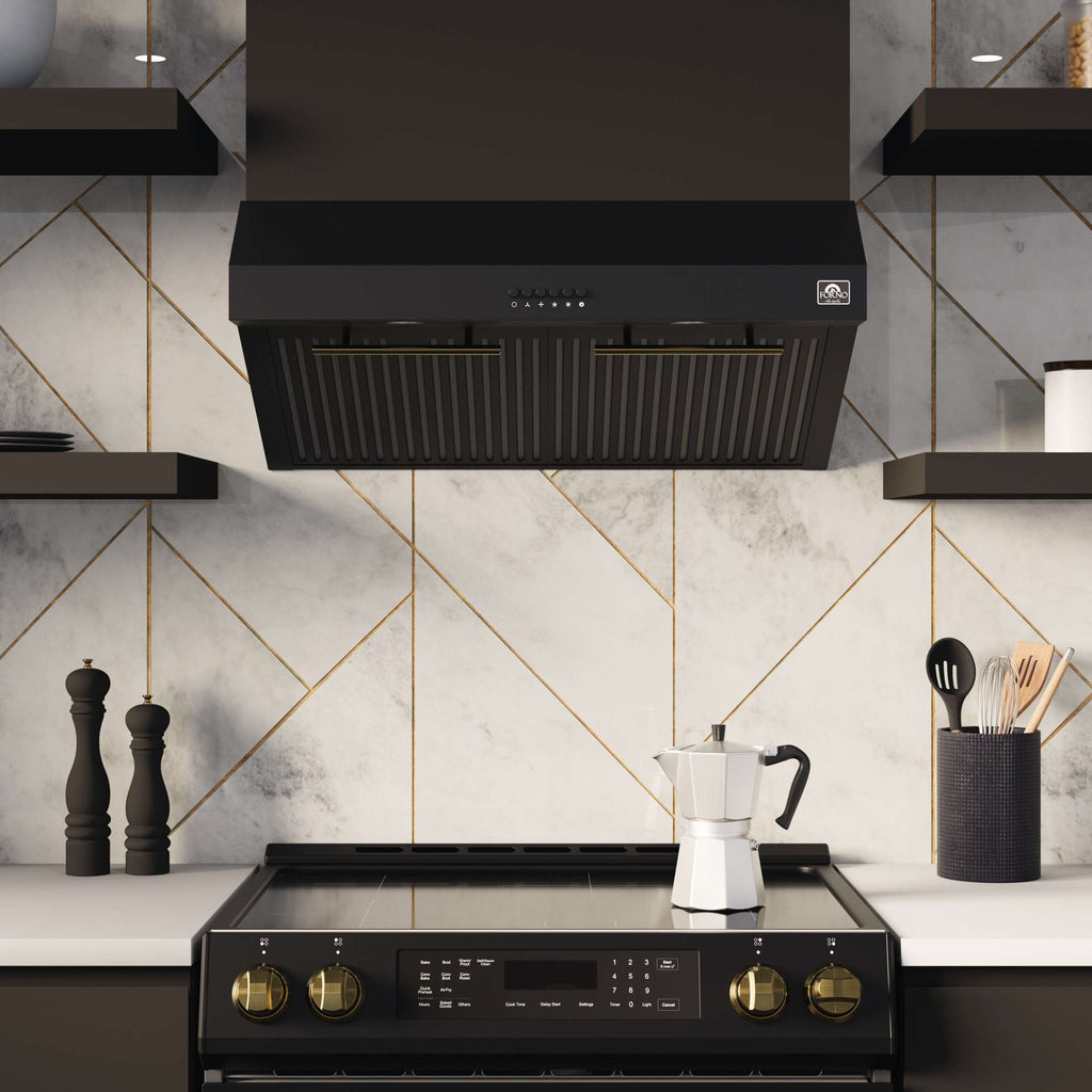 FORNO Premium 4-Piece Kitchen Bundle - Leonardo Espresso 30" Black Electric Range, 30" Black Range Hood, 31" Black Bottom Freezer Refrigerator, 24" Black Built-In Dishwasher - FBDL-006-02US