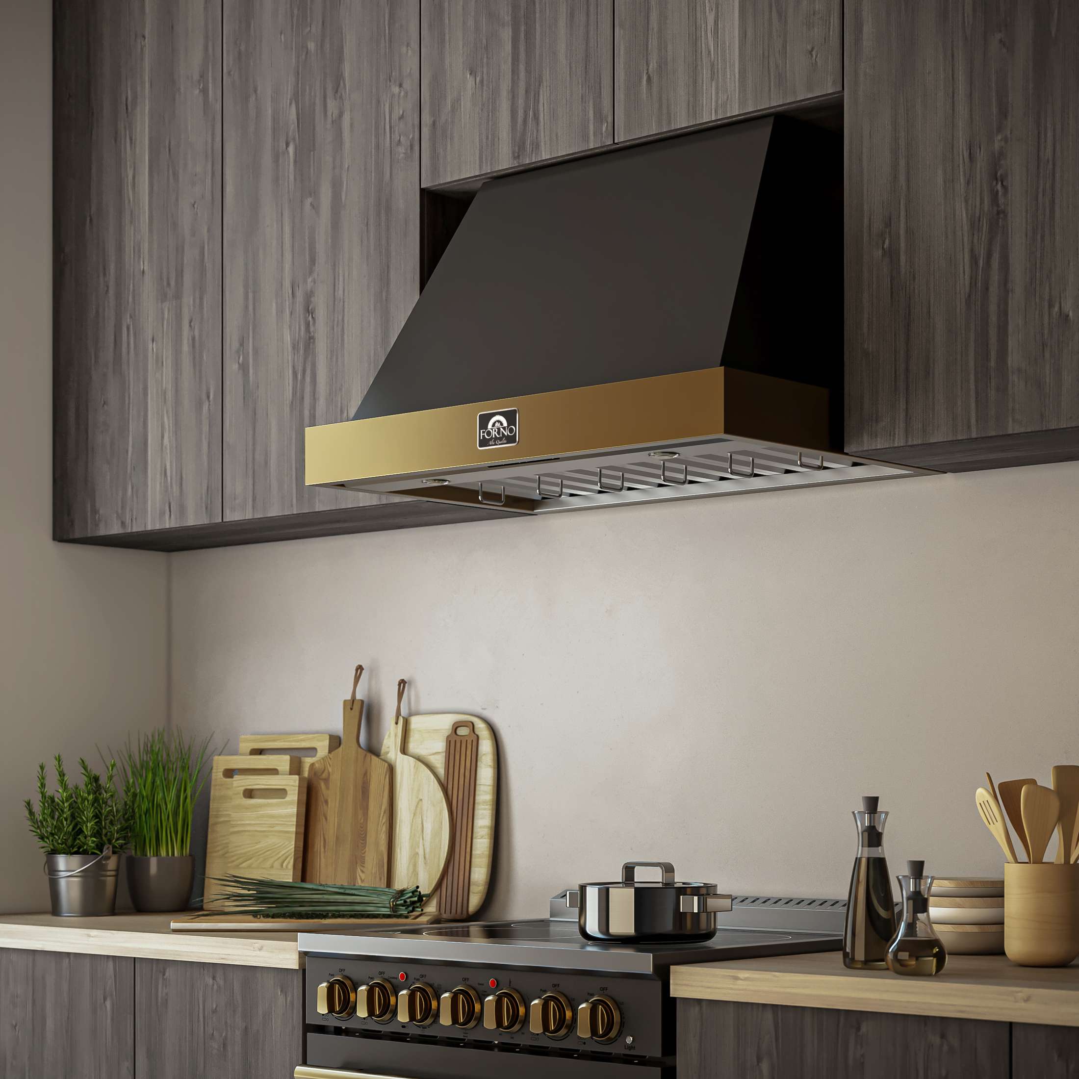 Forno Vittorio 36-Inch Wall Mount Range Hood, Black with Antique Brass Trim, 424 CFM Airflow, Dishwasher-Safe Baffle Filters, Remote Control, 3-Speed Fan, Bright LED Lighting.