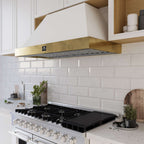 Forno Vittorio 48-Inch Wall Mount Range Hood, White with Antique Brass Trim, 424 CFM Airflow, Dishwasher-Safe Baffle Filters, Remote Control, 3-Speed Fan, Bright LED Lighting