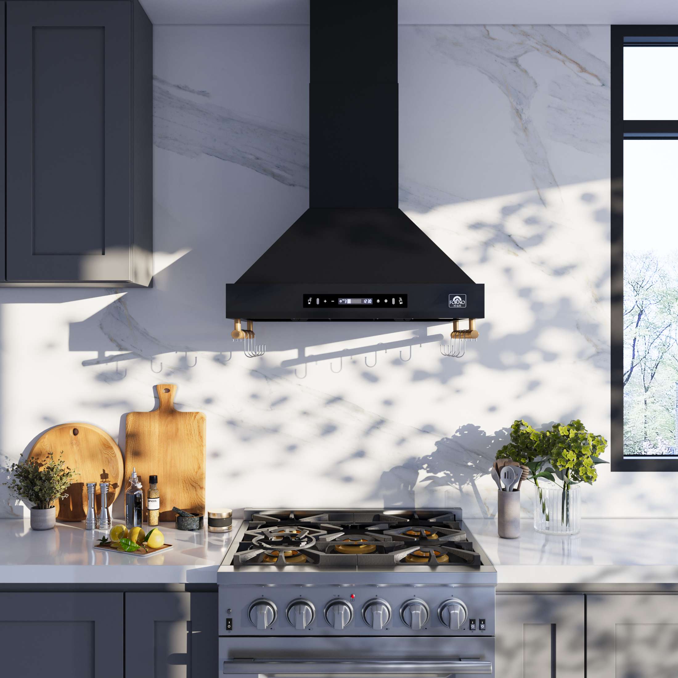 Forno Venezia 30 Inch Wall-Mounted Range Hood in Black with Touch Controls and Baffle Filters