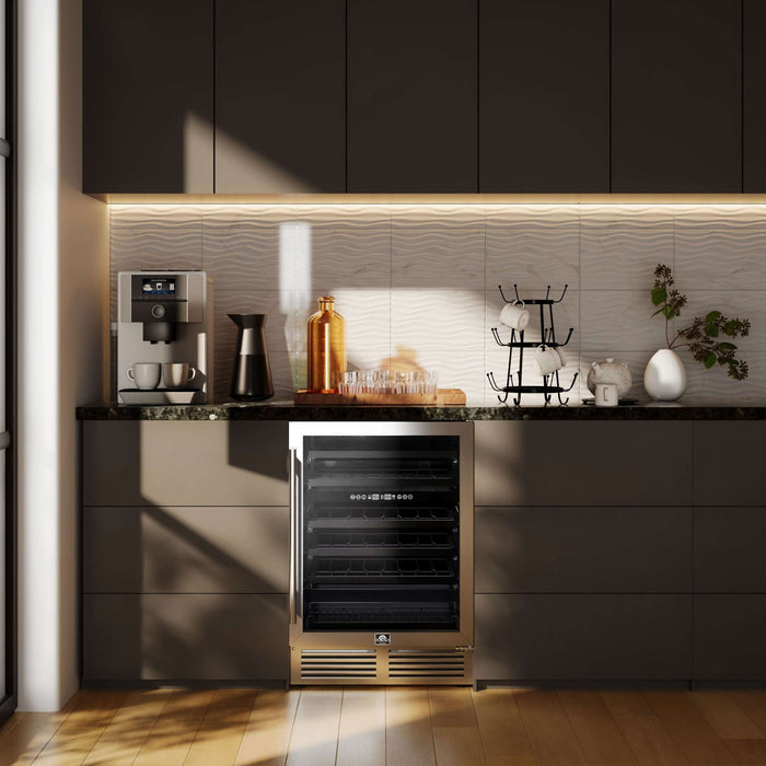 Forno Bacchino 24 Inch Wine Cooler, Stainless Steel, with LED Lighting, Triple Glass Door, 51 Bottle Capacity, Built-In or Freestanding