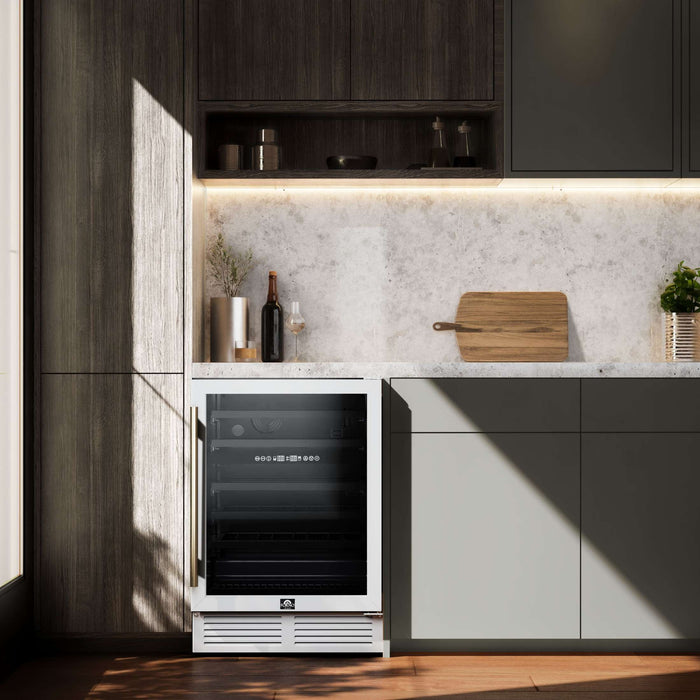 Forno Bacchino 24 Inch Wine Cooler, White with Antique Brass Handles, with LED Lighting, Triple Glass Door, 51 Bottle Capacity, Built-In or Freestanding