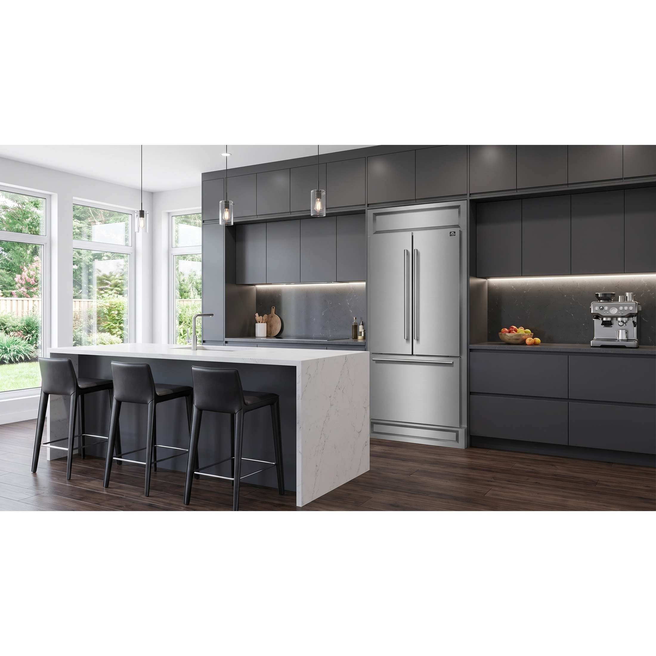 Forno Gallipoli 30-Inch French Door Refrigerator, 17.5 cu.ft Capacity, Modern Decorative Grill, 34-Inch Width, Stainless Steel, No Frost Technology, Energy Efficient