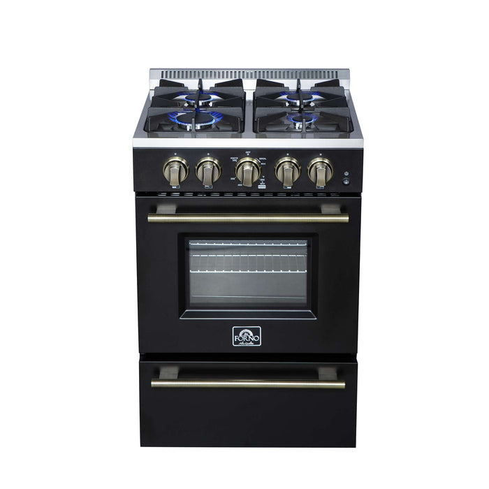 Forno Breno 24 Inch Freestanding Gas Range in Black with Antique Brass, Compact Design