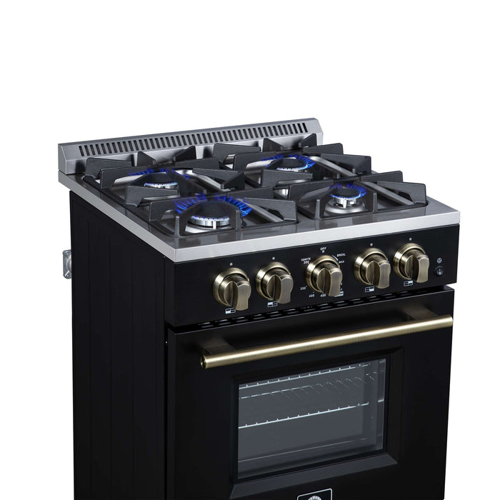 Forno Breno 24 Inch Freestanding Gas Range in Black with Antique Brass, Compact Design