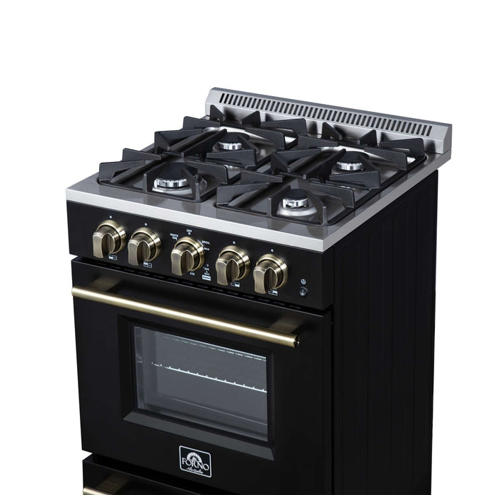 Forno Breno 24 Inch Freestanding Gas Range in Black with Antique Brass, Compact Design