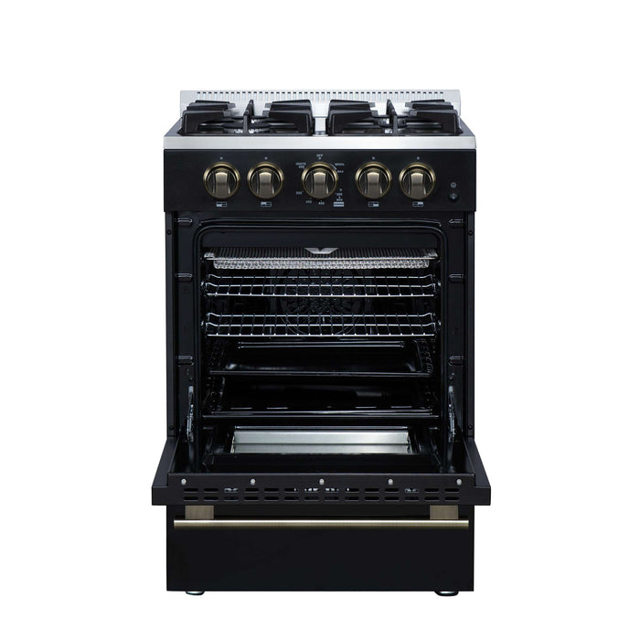 Forno Breno 24 Inch Freestanding Gas Range in Black with Antique Brass, Compact Design