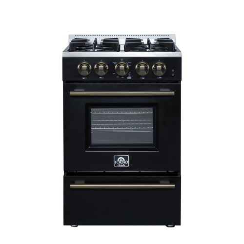 Forno Breno 24 Inch Freestanding Gas Range in Black with Antique Brass, Compact Design