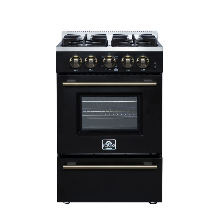 Forno Breno 24 Inch Freestanding Gas Range in Black with Antique Brass, Compact Design