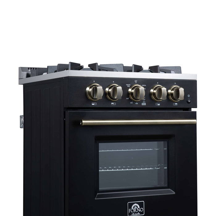 Forno Breno 24 Inch Freestanding Gas Range in Black with Antique Brass, Compact Design