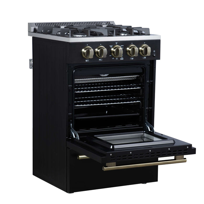 Forno Breno 24 Inch Freestanding Gas Range in Black with Antique Brass, Compact Design