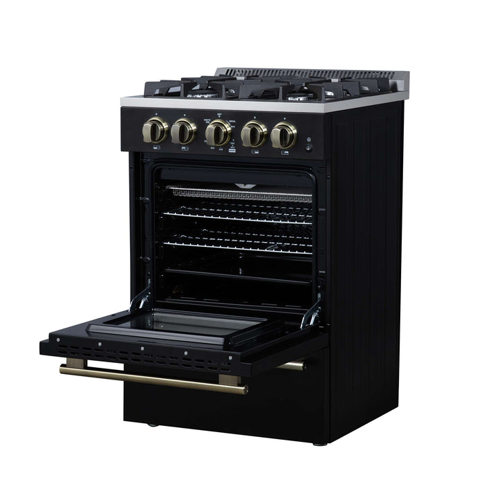 Forno Breno 24 Inch Freestanding Gas Range in Black with Antique Brass, Compact Design