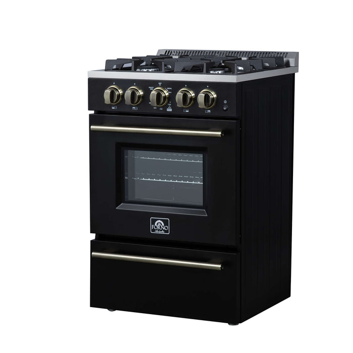 Forno Breno 24 Inch Freestanding Gas Range in Black with Antique Brass, Compact Design